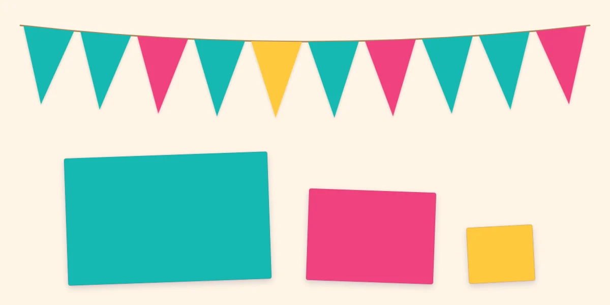 A banner with six turquoise, three pink and one yellow pennant above swatches showing the main, second and accent color