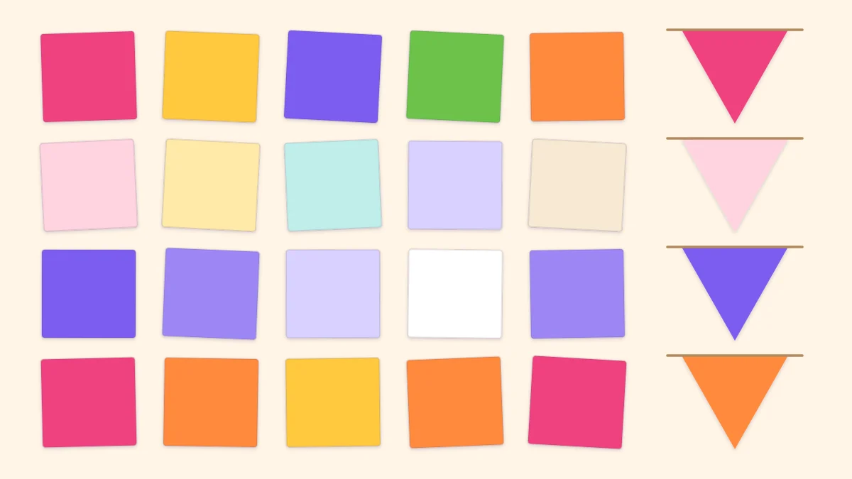 Four rows of paper color swatches showing bright, pastel, single-color and sunset palettes with matching pennants