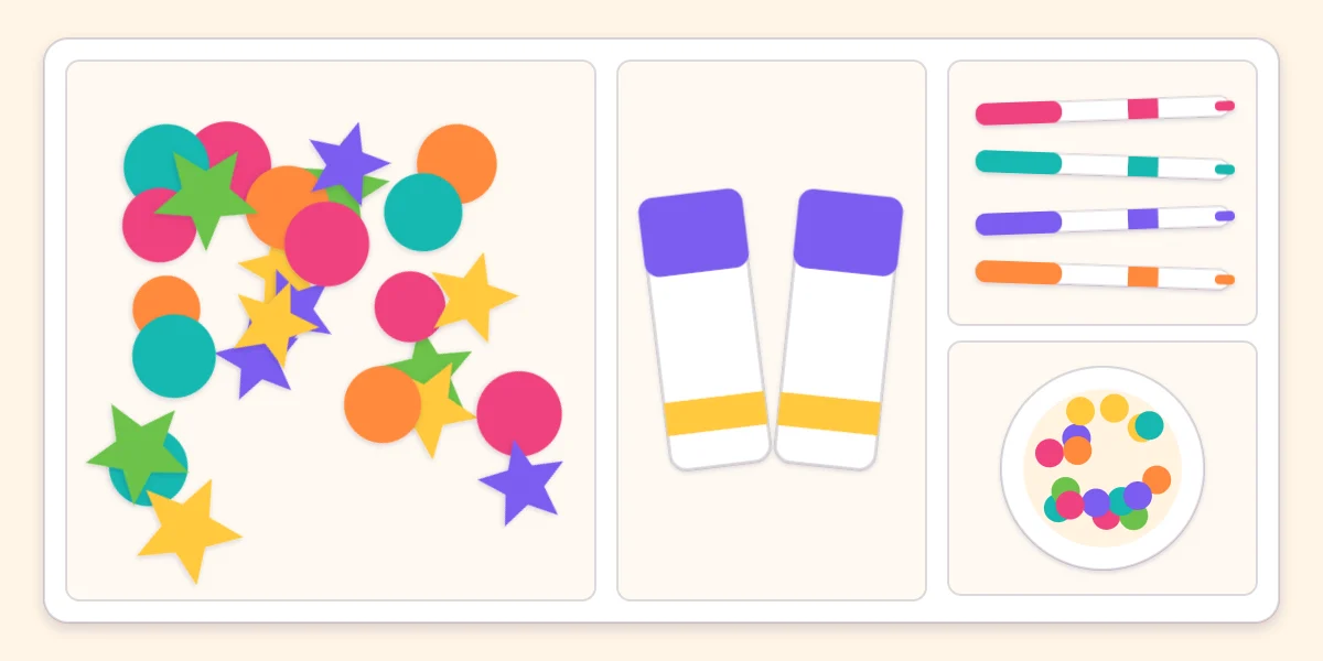 A supply tray with pre-cut paper shapes, glue sticks, markers and a dish of round stickers