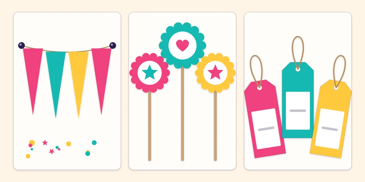 Three beginner party crafts in matching colors: a pennant banner, round cupcake toppers and favor tags
