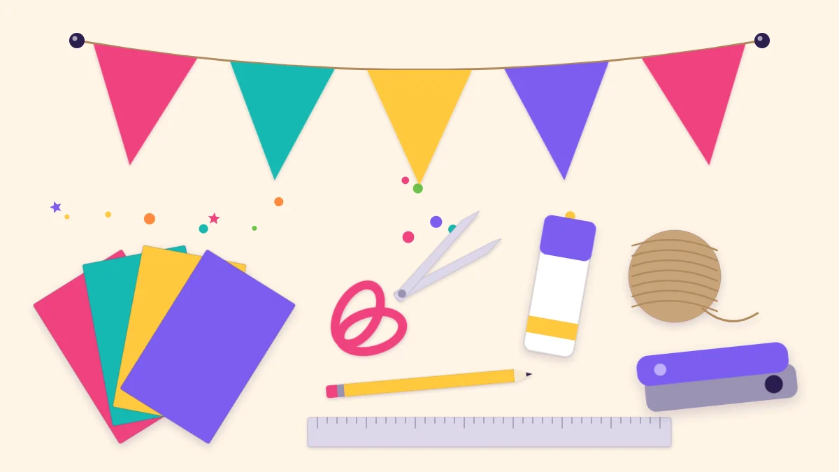 Cardstock, scissors, a ruler, a glue stick, twine and a hole punch below a short paper pennant banner