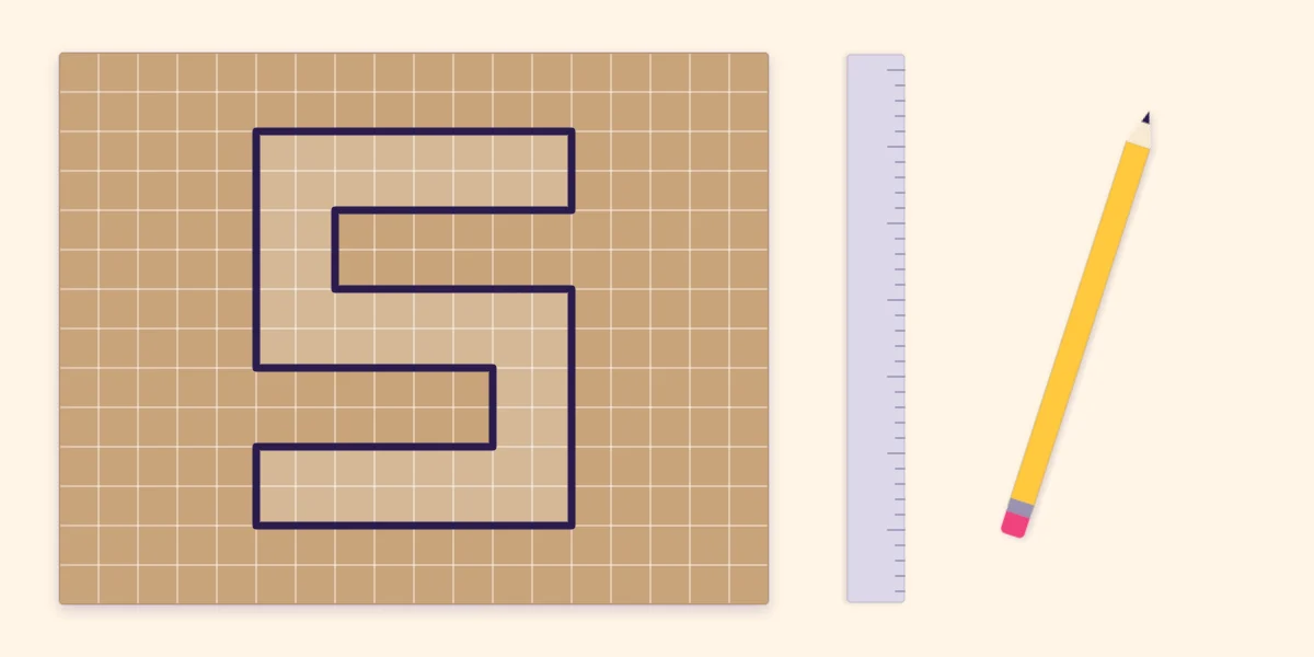 The outline of a block number five drawn over a pencil grid on a sheet of cardboard