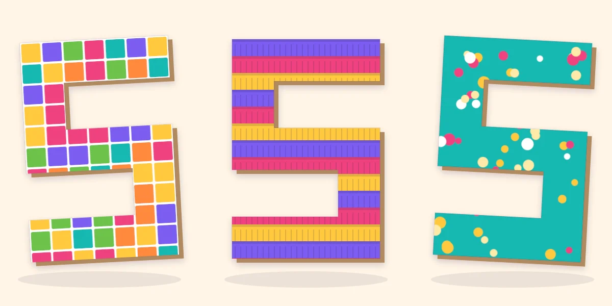 Three cardboard number fives covered three ways: paper squares, tissue fringe and paint with confetti dots