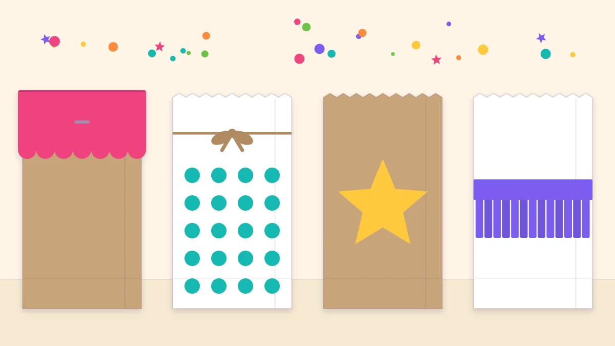 Four decorated paper favor bags with a scalloped topper, stamped dots, a paper star and a fringe band