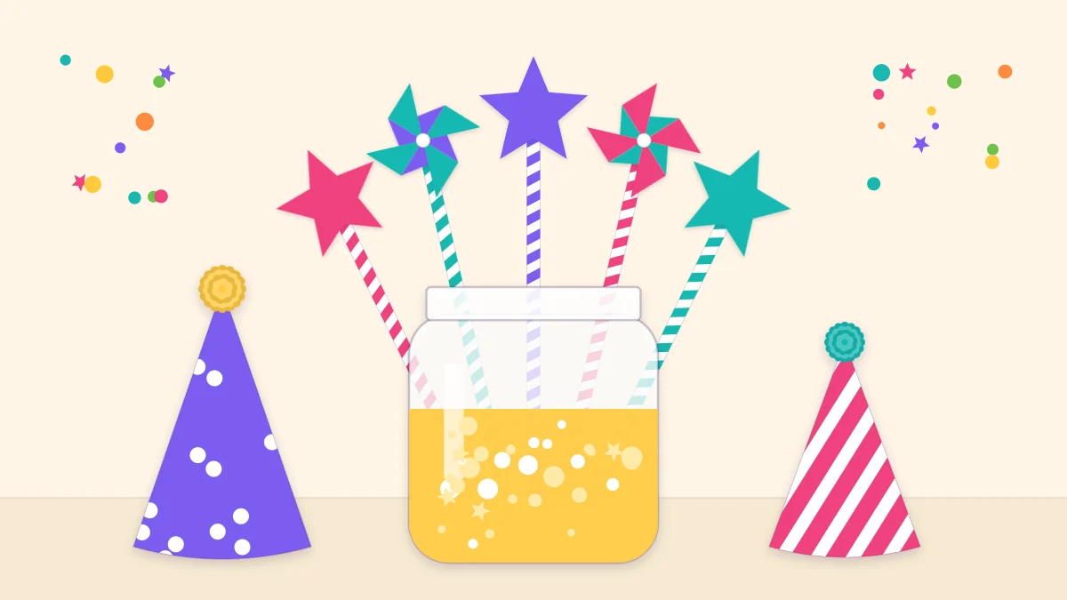 A jar centerpiece holding paper stars and pinwheels on straws, with two paper cones beside it