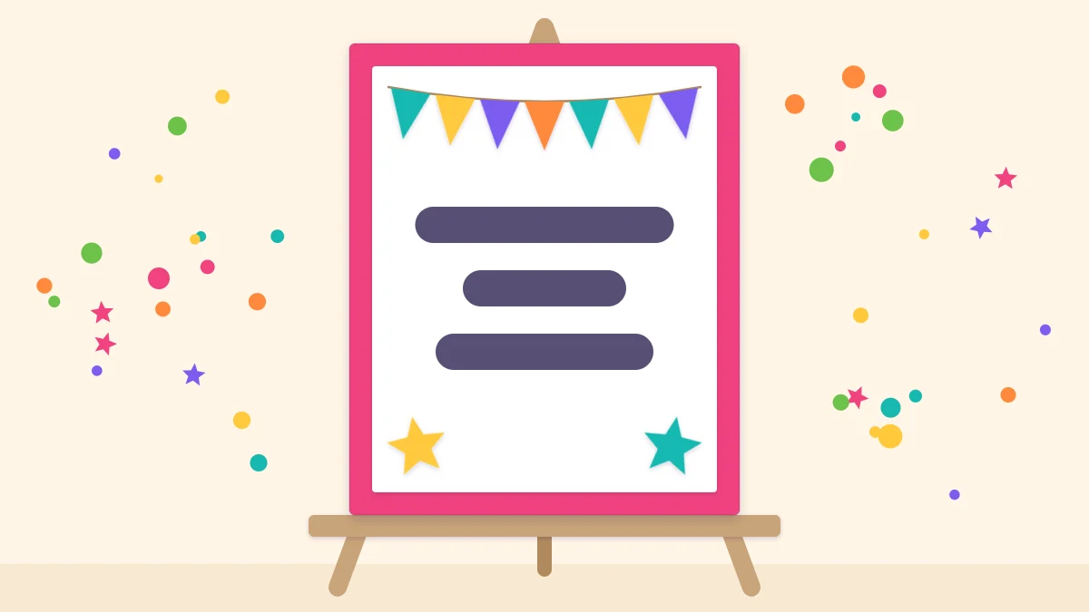 A handmade welcome sign with a pennant border, paper stars and blank bars in place of lettering, on a small easel