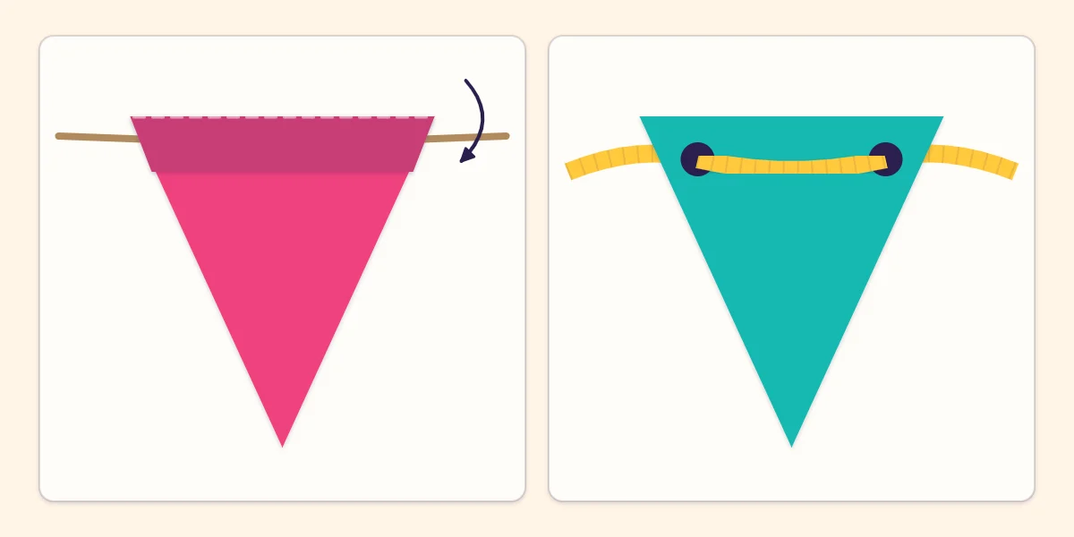 Two ways to string a pennant: a top flap folded over twine and two punched holes with ribbon threaded through