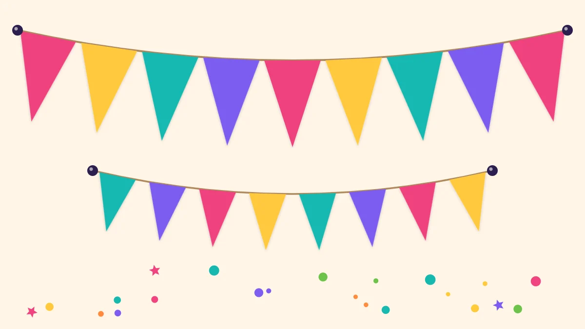 A paper pennant banner in pink, yellow, turquoise and violet hanging in two swags on a wall