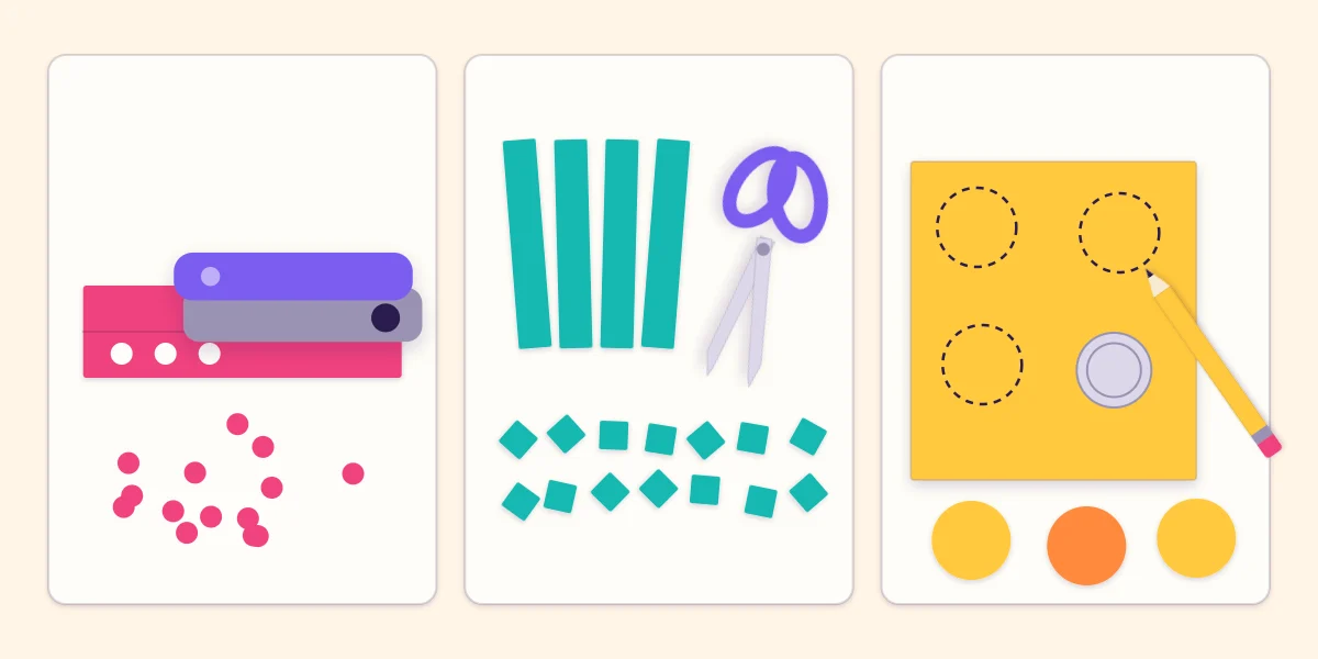 Three ways to make confetti: a hole punch, strips cut into squares and circles traced around a coin