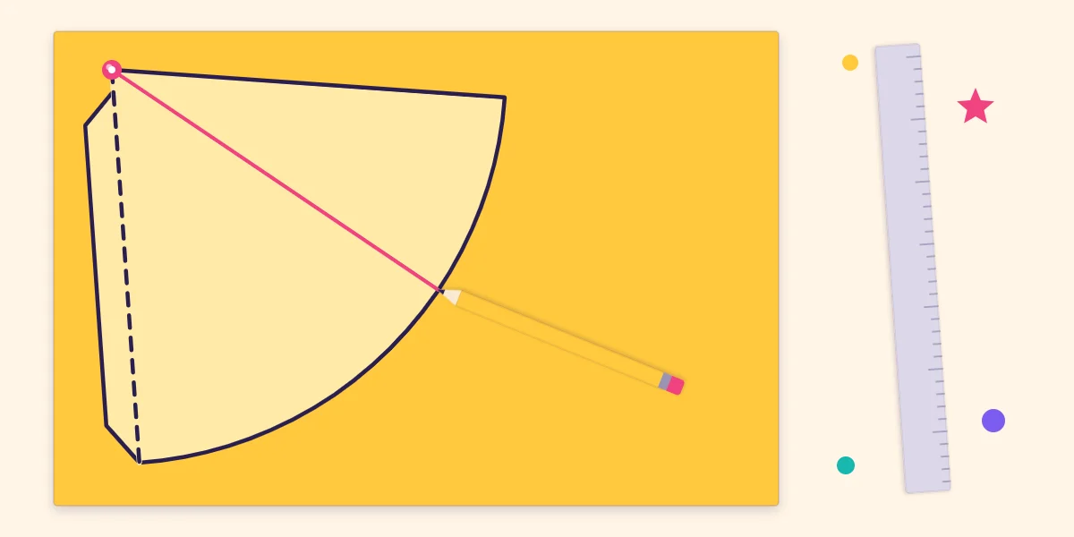 A flat fan-shaped party hat pattern with a glue tab drawn on yellow cardstock beside a pencil and ruler