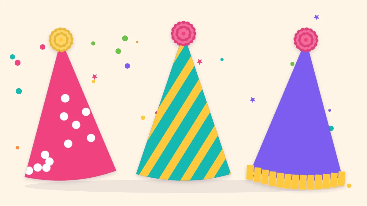Three handmade paper cone party hats with dots, stripes and a tissue fringe, each topped with a pom-pom