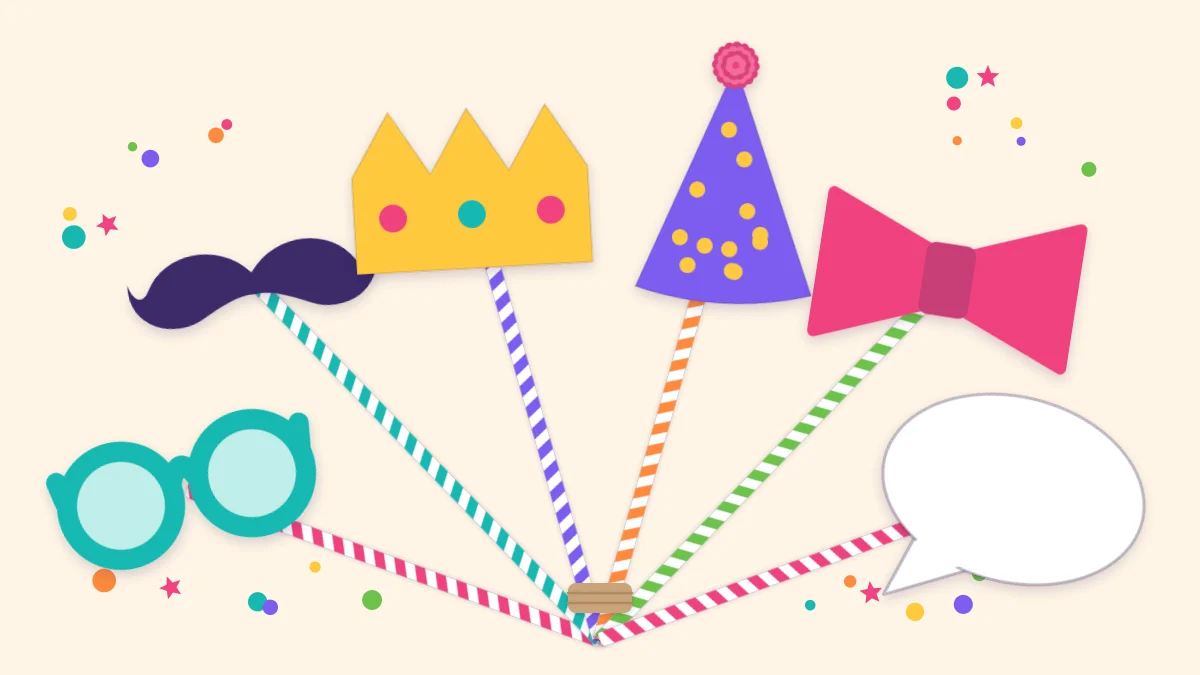 Six paper photo booth props on striped straws: glasses, a mustache, a bow tie, a crown, a party hat and a blank speech bubble