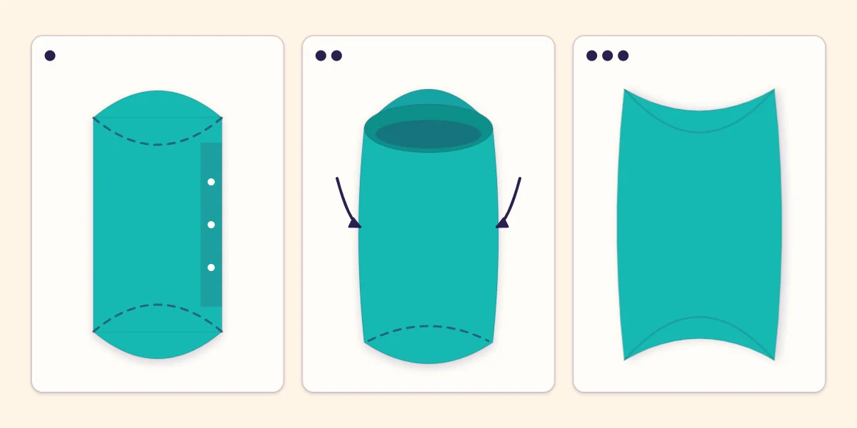 Three stages of assembling a pillow box: glued flat tube, opened tube and end flaps pushed in