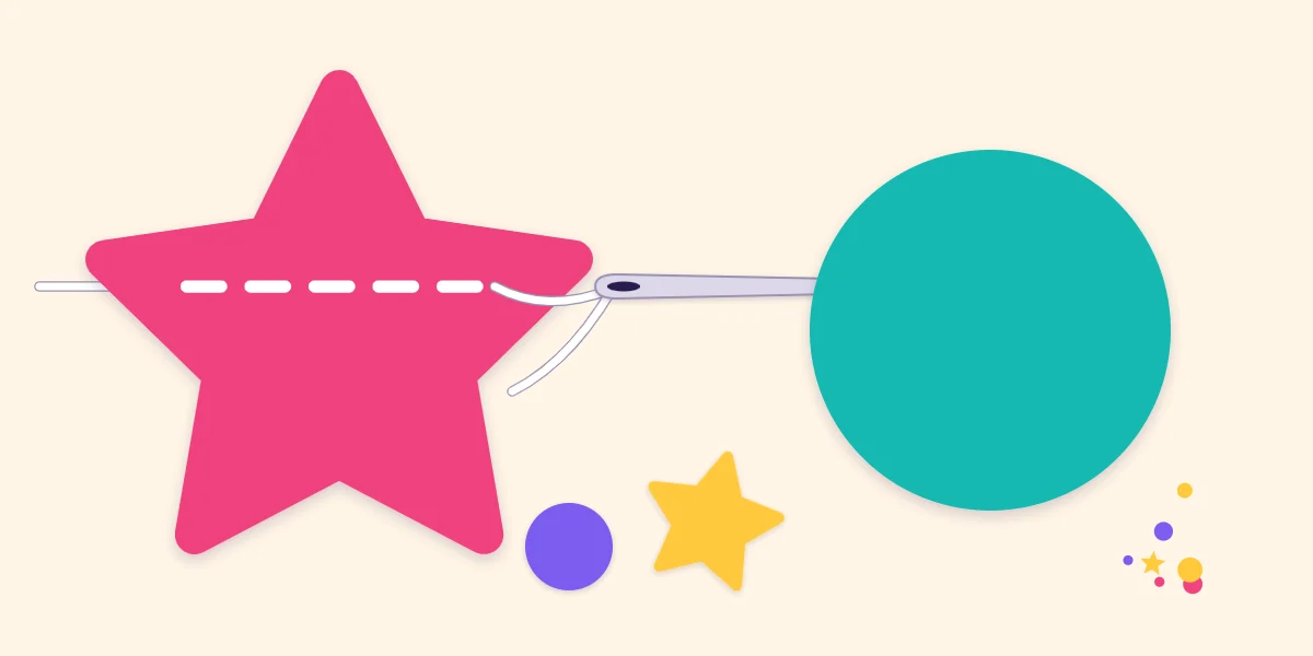 A blunt yarn needle threading white yarn through a pink felt star and a turquoise felt circle