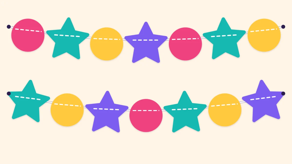 A felt garland of circles and stars in pink, turquoise, yellow and violet threaded on a white cord