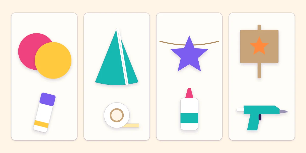 Four adhesive pairings: glue stick for paper layers, double-sided tape for a cone seam, tacky glue for felt and a glue gun for cardboard