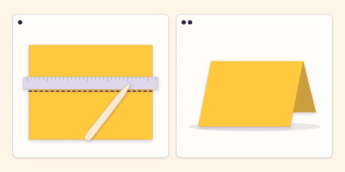 A bone folder scoring a line against a ruler, and the sheet folded cleanly along the score