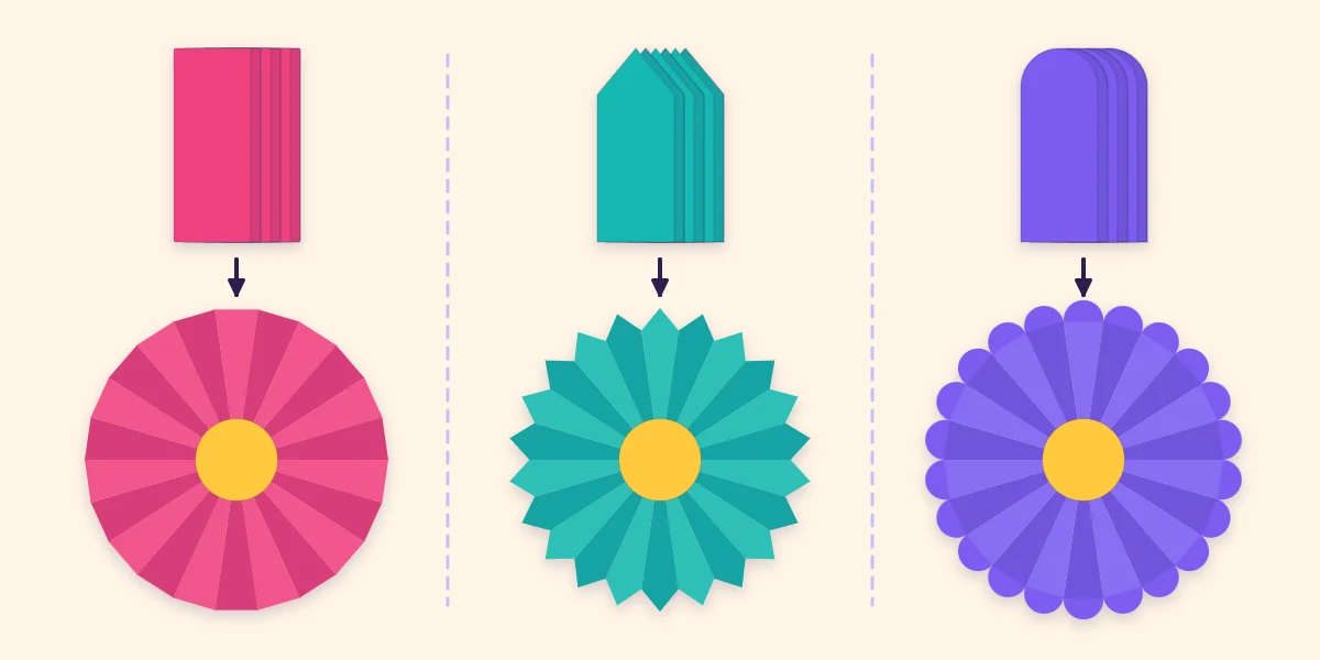 Three trimmed accordion stacks and the rosettes they make: plain, pointed and scalloped edges