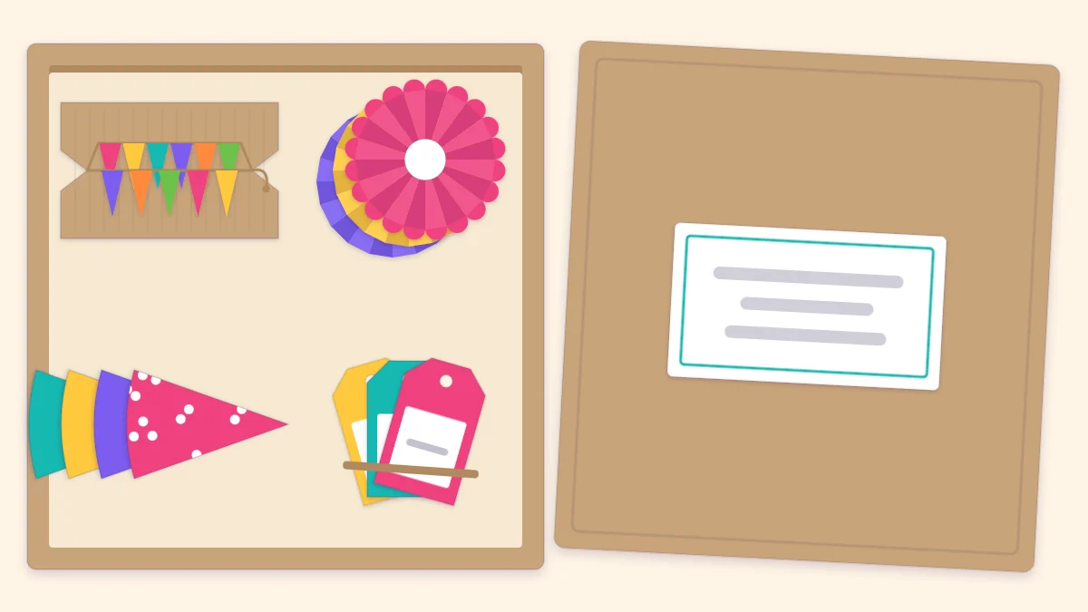 An open storage box with a banner wound on cardboard, stacked rosettes, nested party hats and tags