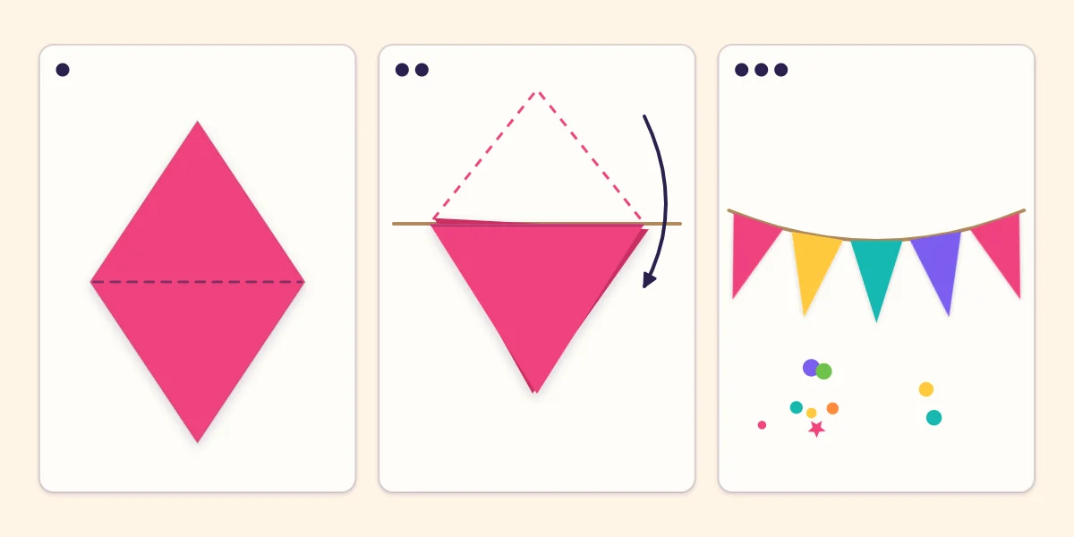 Three steps of a mini bunting: a paper diamond, the diamond folded over thread into a flag and a row of finished flags