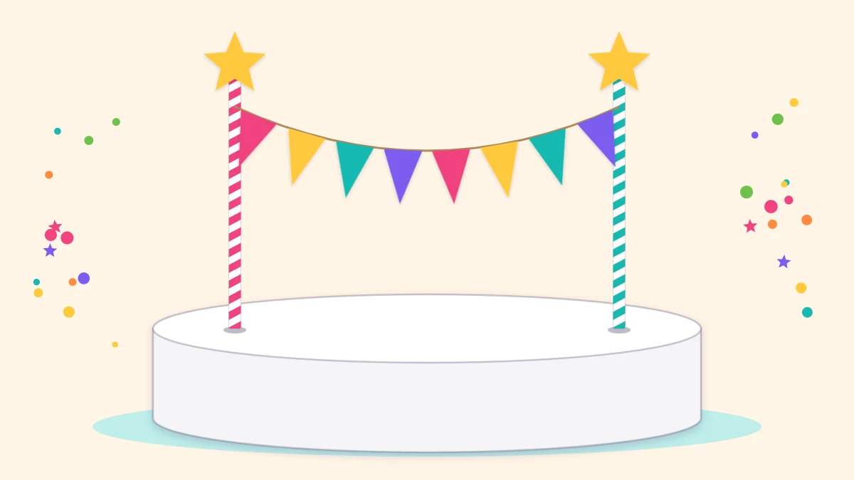 A mini paper bunting strung between two striped straws topped with stars, standing in a plain white cake shape