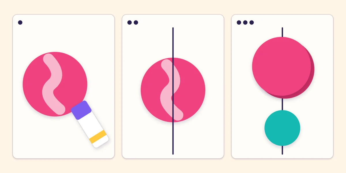 Three steps of a glued circle garland: glue on a circle, thread laid across it and a second circle pressed on top