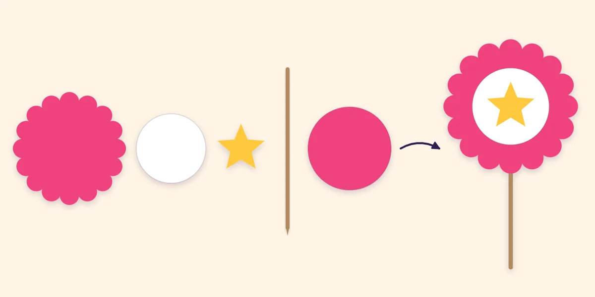 The parts of a cupcake topper in order: scalloped circle, white circle, star, pick and back circle, then the finished topper