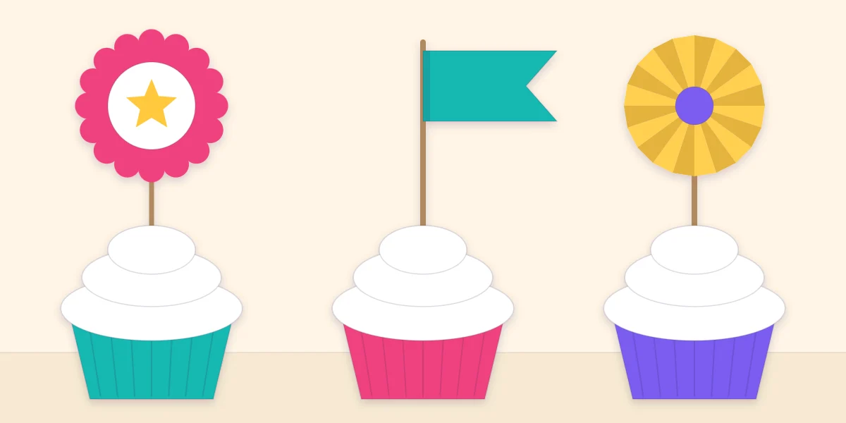 Three kinds of paper cupcake topper: a round layered topper, a small flag and a mini rosette