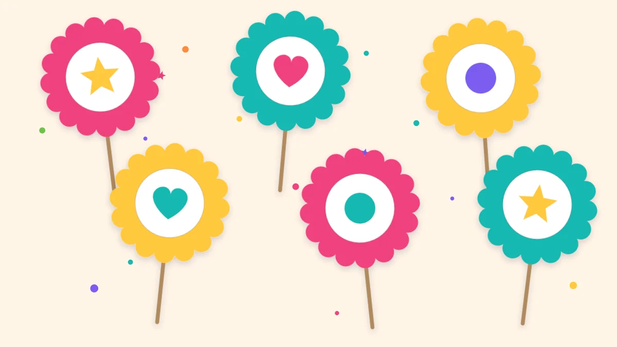 Six round layered paper cupcake toppers on picks decorated with small stars, hearts and dots