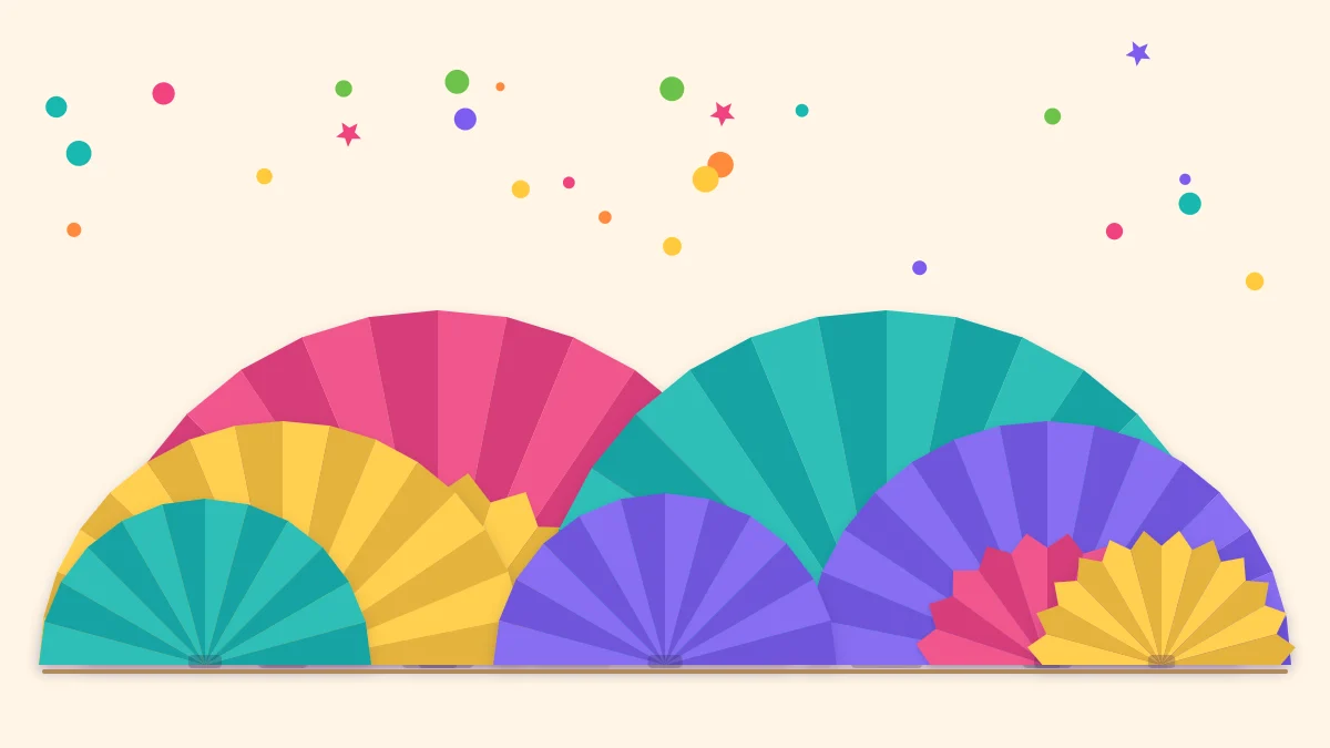 A wall cluster of half-circle paper fans in three sizes and bright colors, some layered