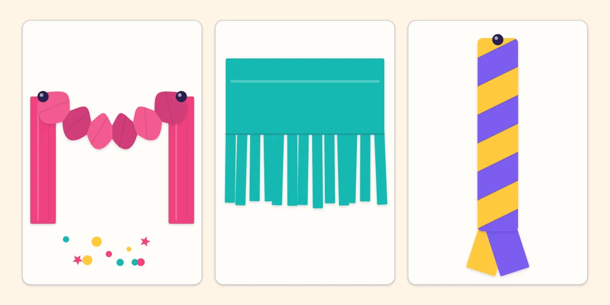 Three streamer ideas: a twisted swag, a fringed streamer and a two-color twisted rope