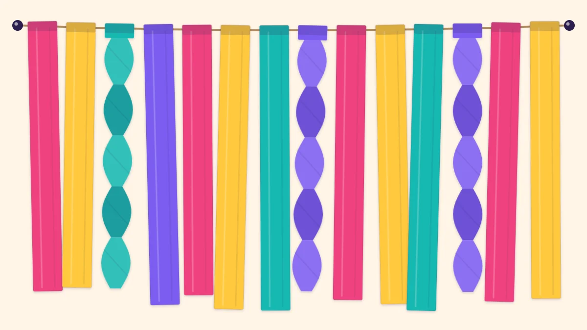 A backdrop of long vertical paper streamers in pink, yellow, turquoise and violet hanging from a string