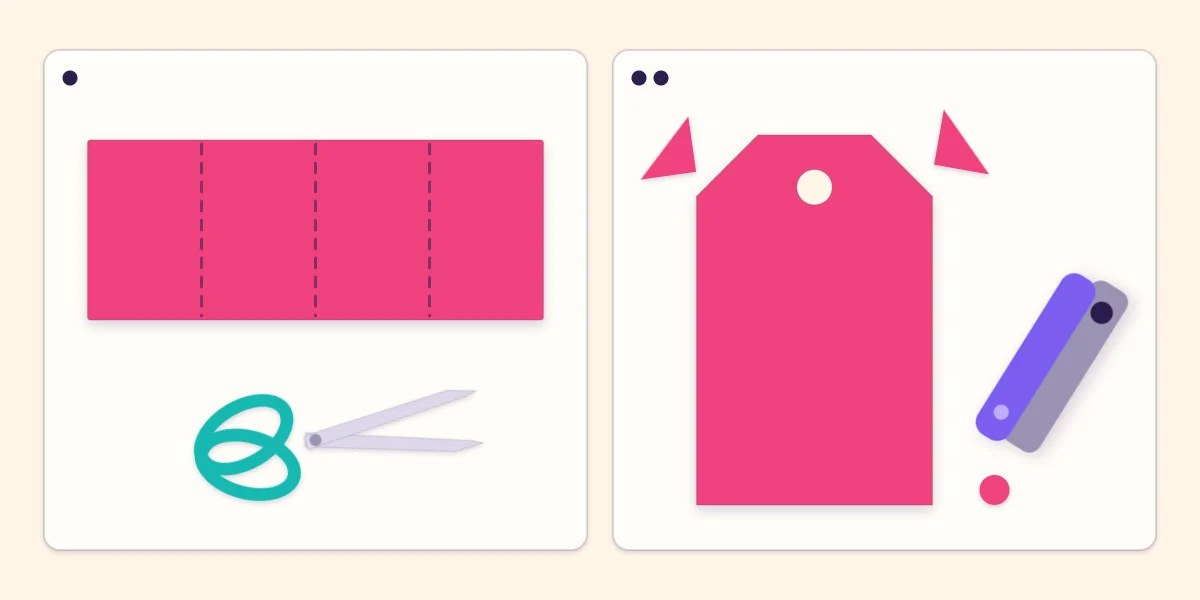 A paper strip marked into four rectangles beside a finished luggage tag with clipped corners and a punched hole