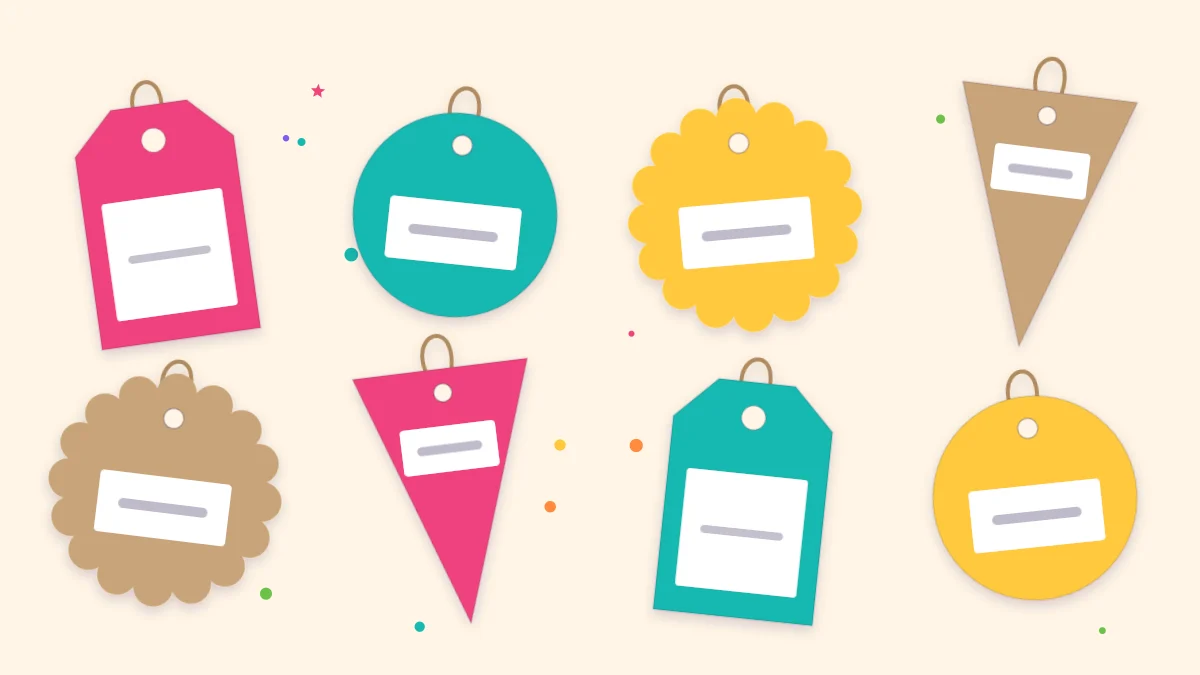 Handmade favor tags in luggage, circle, scalloped and pennant shapes with twine loops and blank writing panels