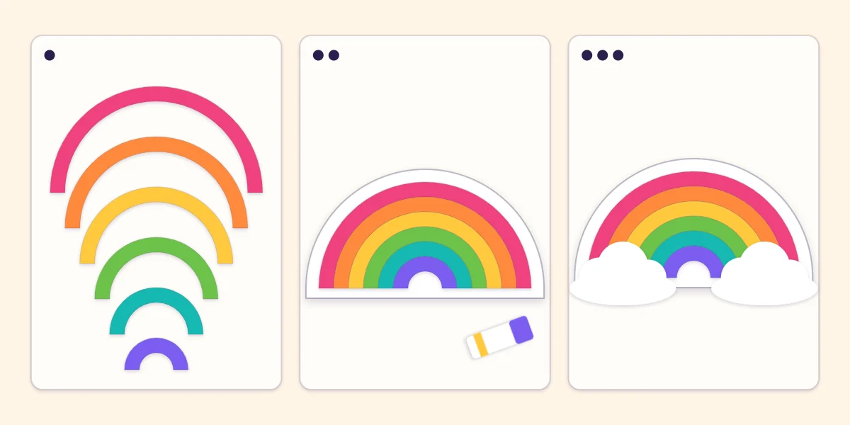 Three steps of a paper rainbow: six separate arcs, the arcs nested on a backing and clouds added at the ends