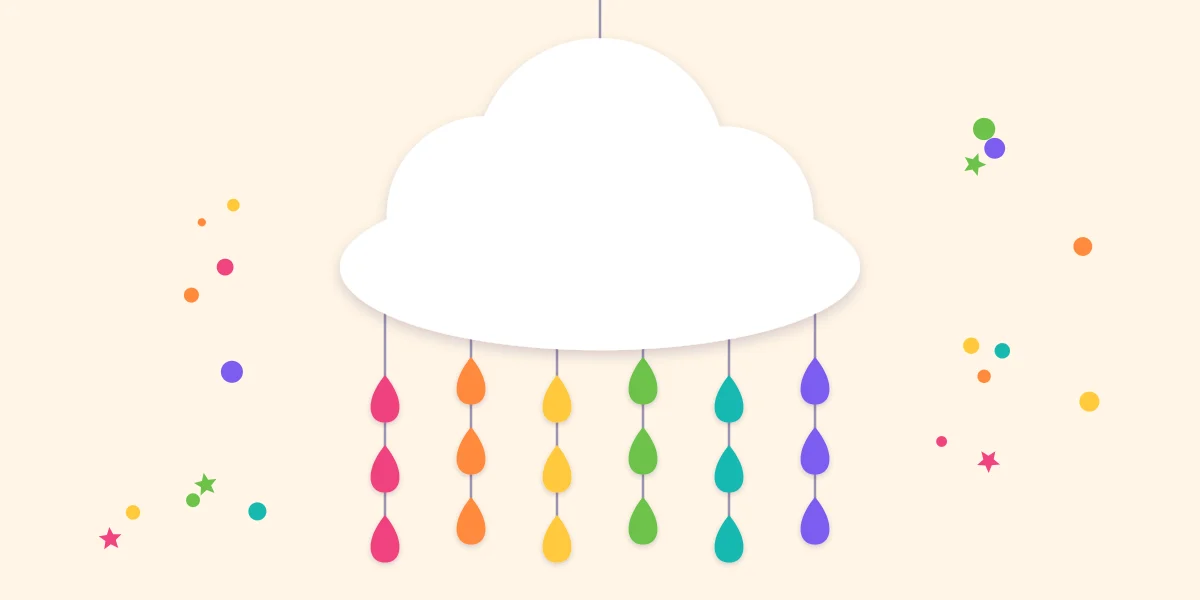 A paper cloud mobile with six strands of raindrops in rainbow colors hanging beneath it