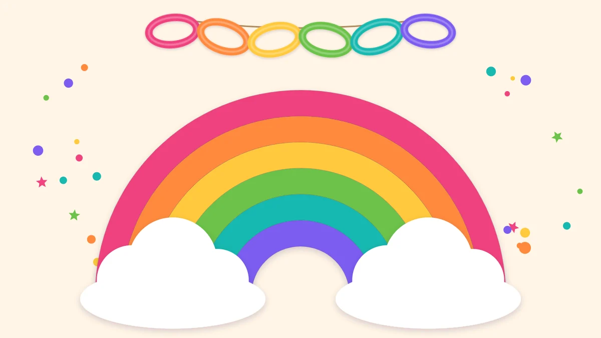 A layered paper rainbow arch with white paper clouds at each end and a rainbow paper chain above