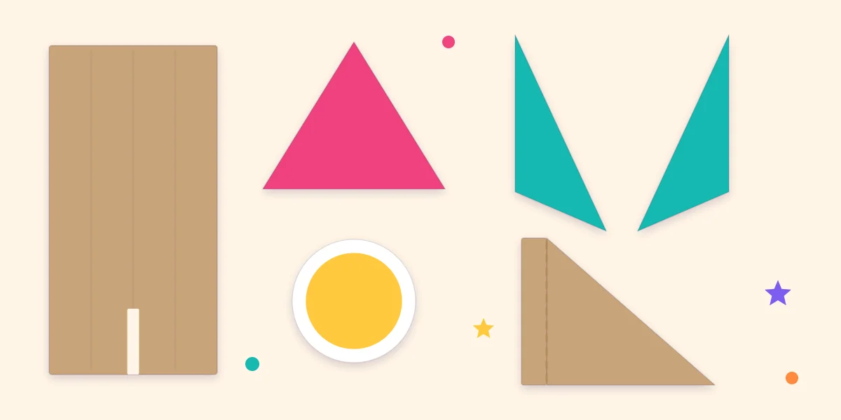 The flat cardboard parts of a rocket decoration: body, nose cone, two fins, a round window and a back brace