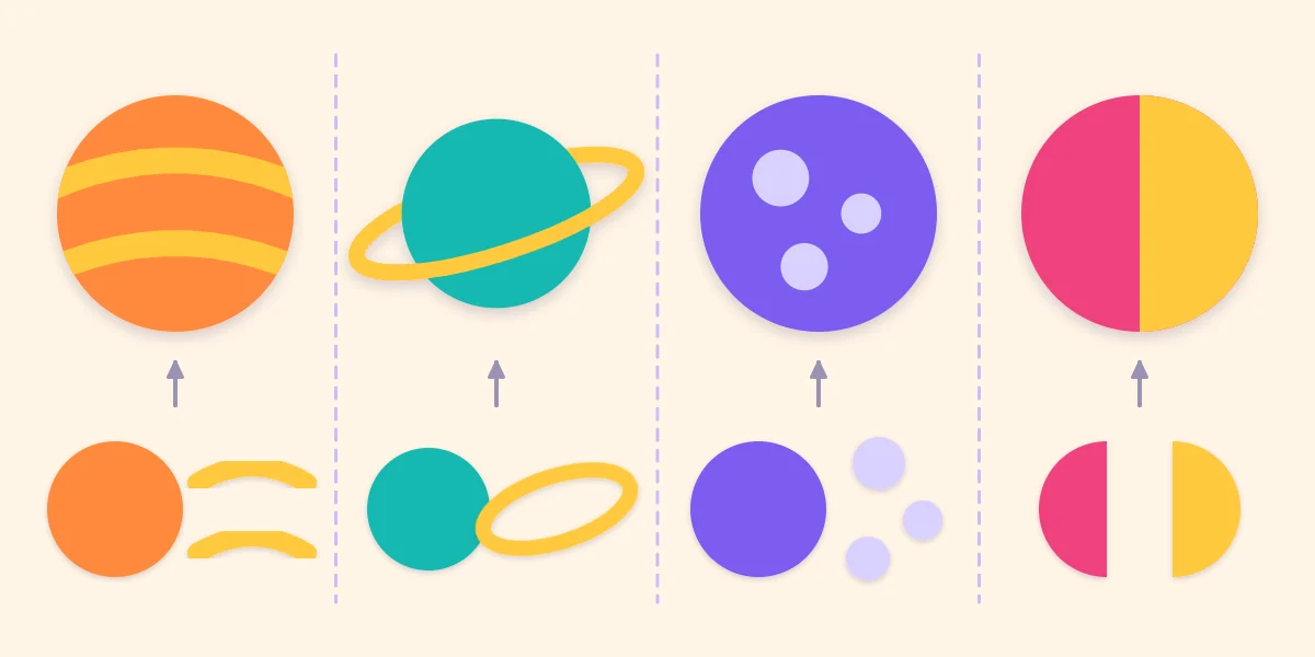Four paper planets made from circles with stripes, a ring, crater dots and two-color halves