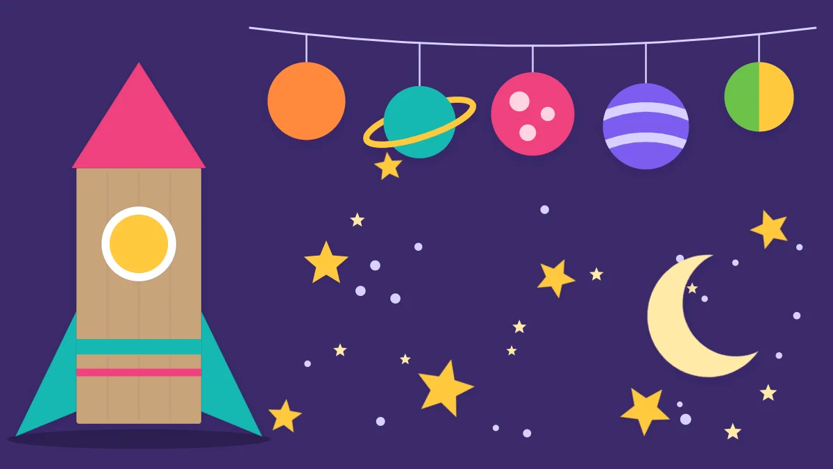 A cardboard rocket with a planet garland, paper stars and a crescent moon on a dark plum backdrop