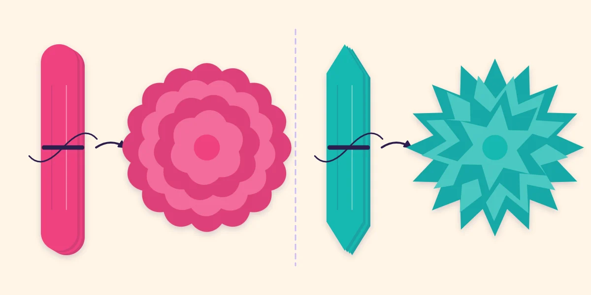 Rounded and pointed end cuts on folded tissue beside the soft and spiky pom-poms they make