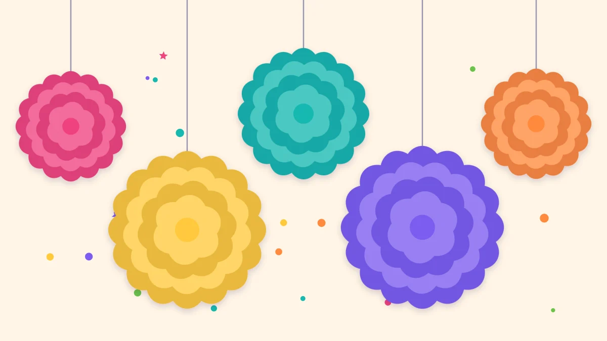 Five tissue paper pom-poms in three sizes and bright colors hanging at different heights