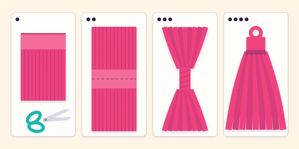Four stages of a tissue tassel: fringe cut into a folded sheet, unfolded, rolled along the center and twisted into a loop