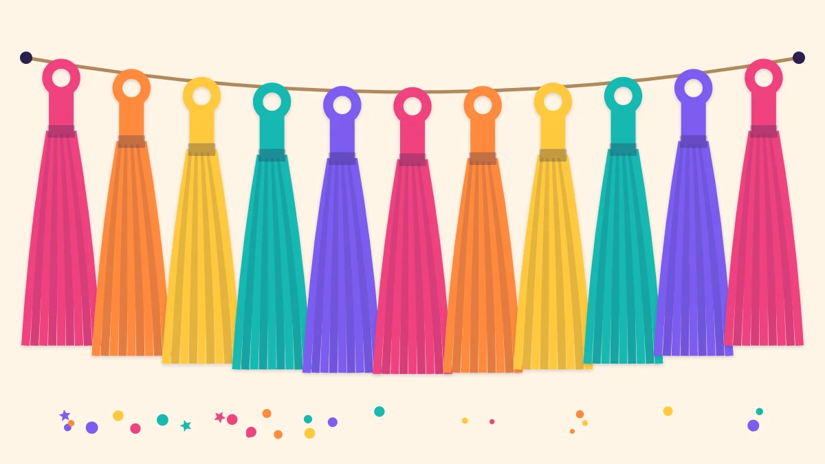 A tissue paper tassel garland in pink, orange, yellow, turquoise and violet hanging on a wall